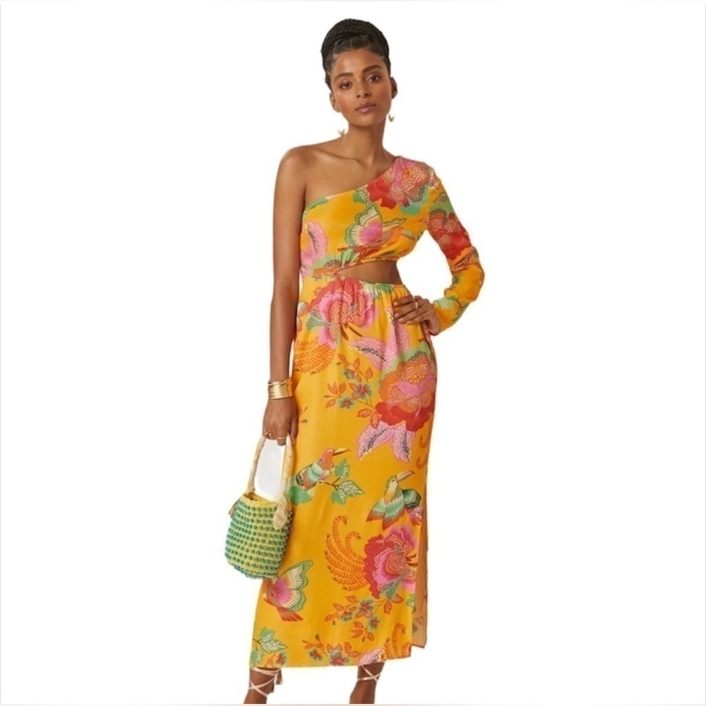 FARM Rio—One Shoulder Dress, Yellow and Pink Floral